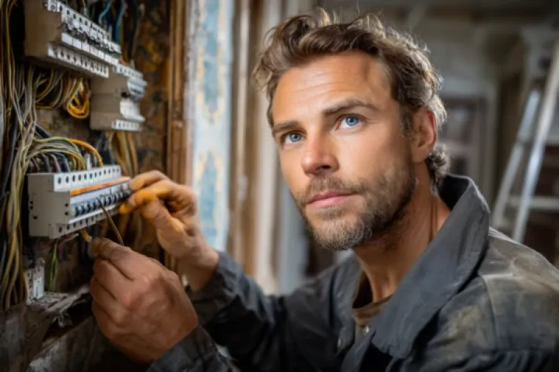 Elektriker repariert einen Schaltkasten in einer Altbauwohnung