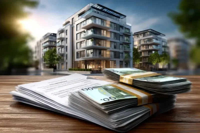 Schreibtisch mit unterlagen und Euroscheinen, im Hintergrund Apartmenthaus