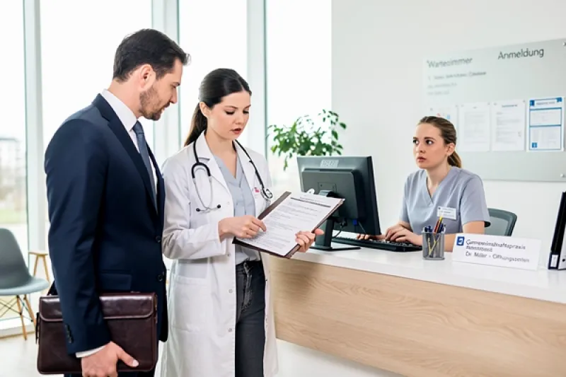 Ärztin spricht mit einem Geschäftsmann vor dem Empfang in ihrer Arztpraxis
