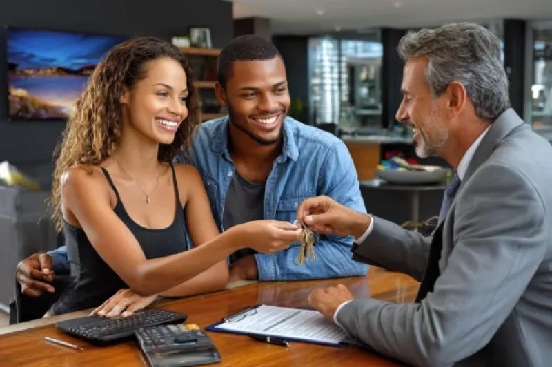 Glückliches afroamerikanisches Paar erhält Schlüssel von einem männlichen Immobilienmakler am Schreibtisch im Büro.