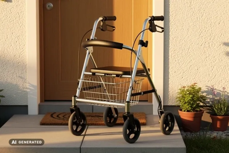 ein vor einer Haustür abgestellter Rollator