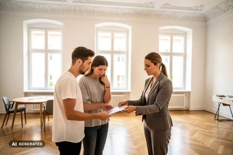 Eine Maklerin reicht einem jungen Paar ein Dokument zur Unterschrift während einer Wohnungsbesichtigung