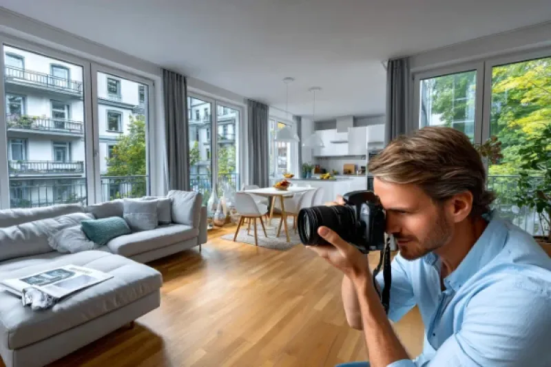 ein junger Mann fotografiert mit einer DSLR Kamera in einer Mietwohnung