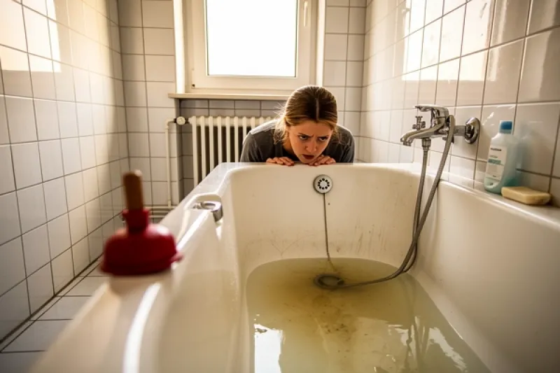 Mieterin kniet vor einer verstopften Badewanne