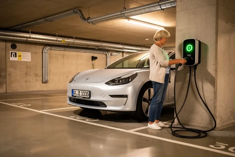 Frau schließt ihr Elektroauto an eine Wallbox an