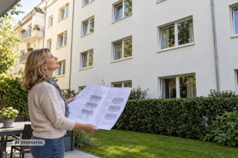 Eine Eigentümerin mittleren Alters steht auf der Terrasse ihrer Erdgeschosswohnung und blickt an der glatten, hell verputzten Rückfassade eines sanierten deutschen Mehrfamilienhauses.