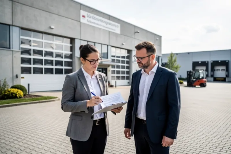 Eine Frau und ein Mann auf einem Betriebsgelände diskutieren über Unterlagen