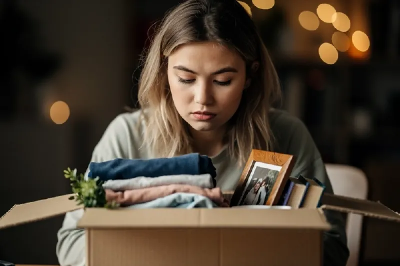 Junge Frau sitzt traurig vor einem gefüllten Umzugskarton