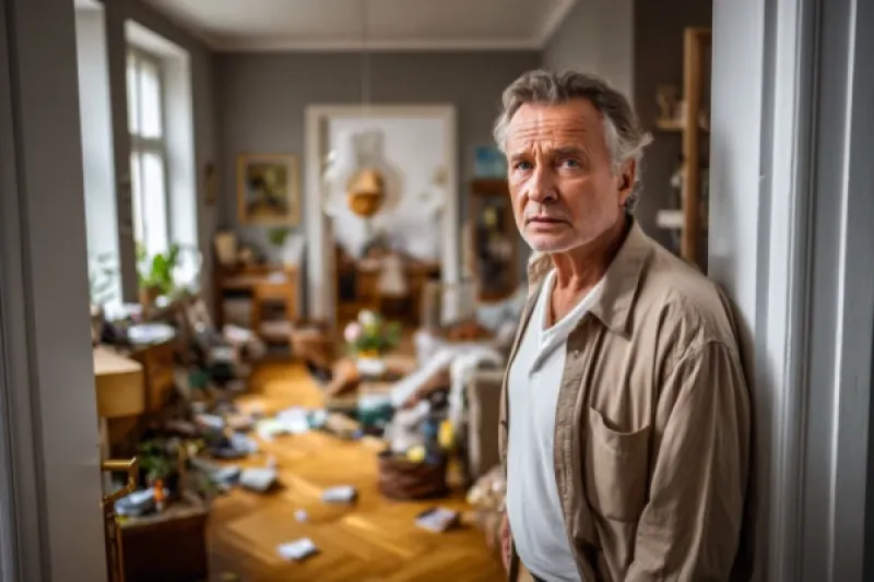 Vermieter steht in einer verwahrlosten Wohnung