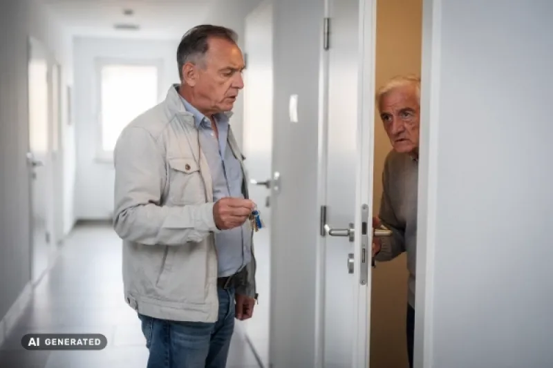 Ein Mann steht ratlos in einem Hausflur, ein älterer Mann schaut aus einen Türspalt zu einer Wohnung