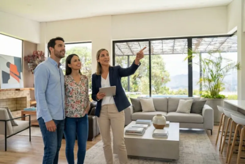 Maklerin zeigt einem interessierten Paar eine Wohnung