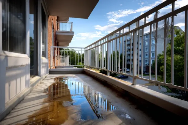 Balkon mit Wasserpfütze in einem Mehrfamlienhaus