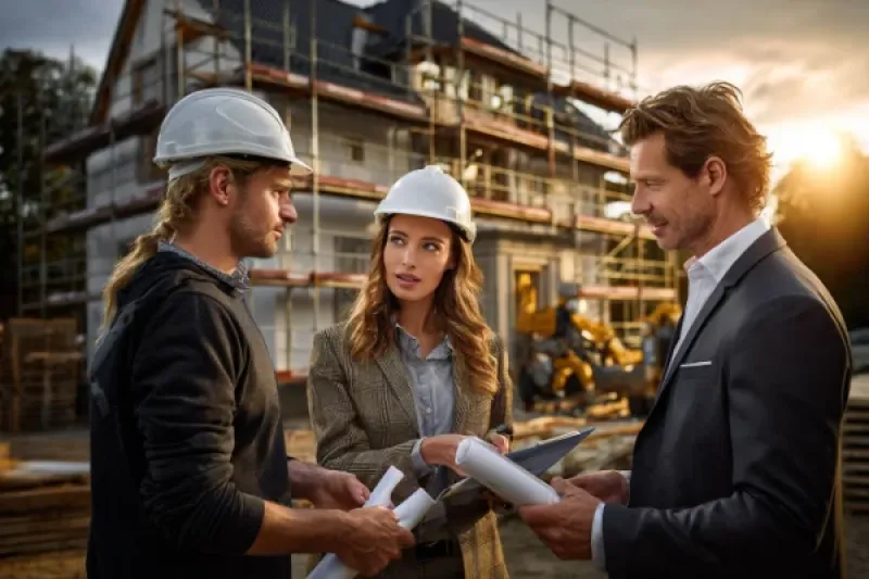 zwei Männer und eine Frau treffen sich auf einer Baustelle für ein Mehrfamilienhaus