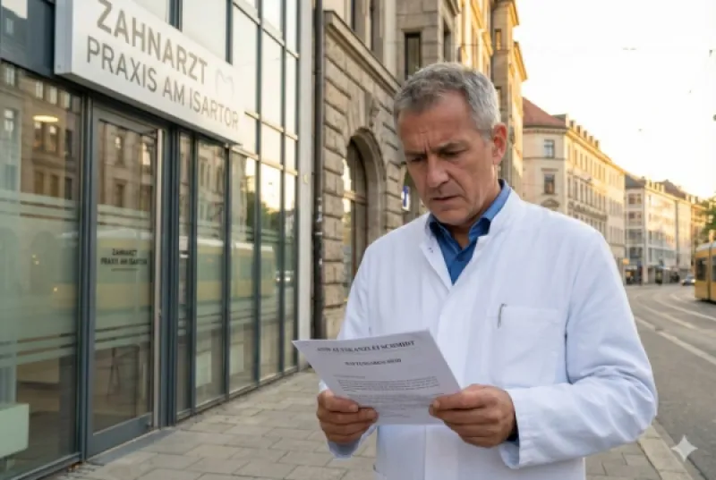 Zahnarzt steht vor seiner Praxis und ließt in Unterlagen