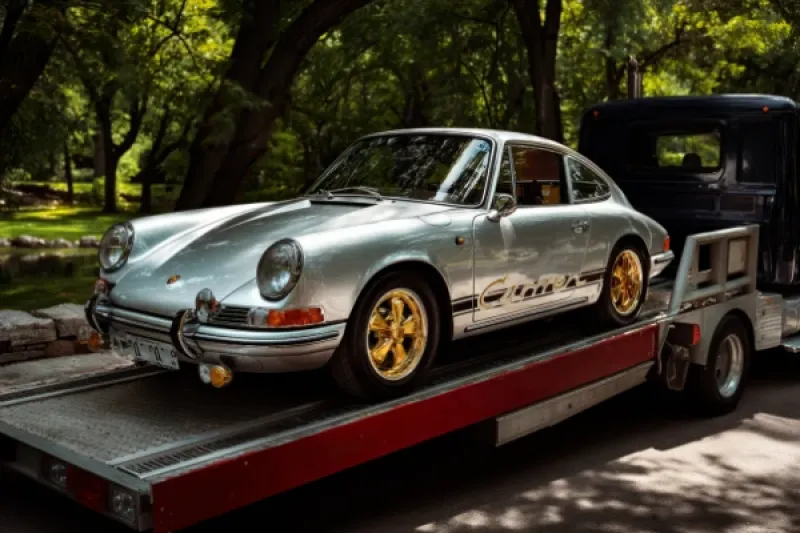 alter Porsche auf einem Abschleppwagen