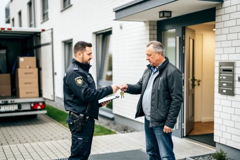 Ein Mann übergibt vor einem Haus die Wohnungsschlüssel an einen Gerichtsvollzieher