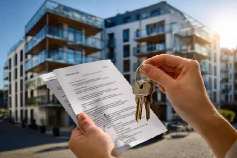 Eine Person hält einen Wohnungsschlüssel und Unterlagen in der Hand, im Hintergrund ein Wohngebäude