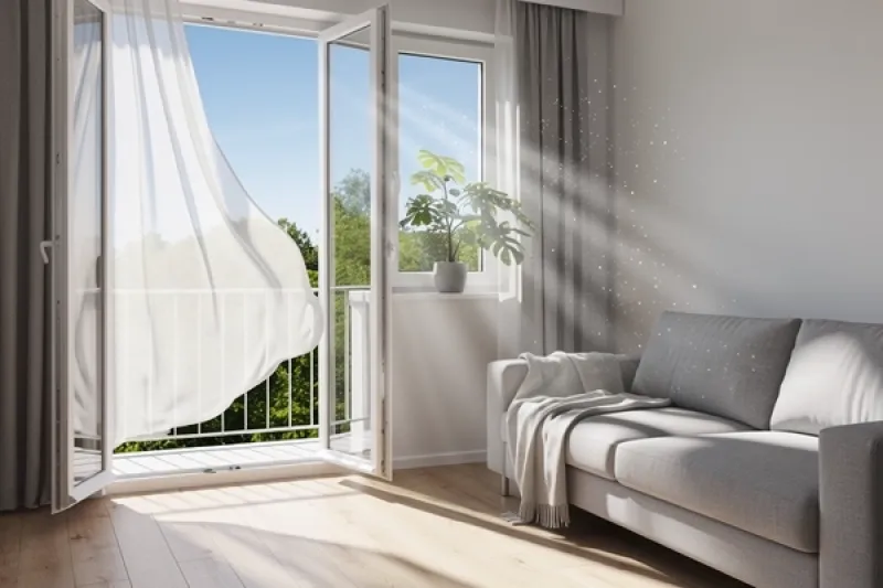 offenstehende Balkontür, der Wind erfasst die Gardine