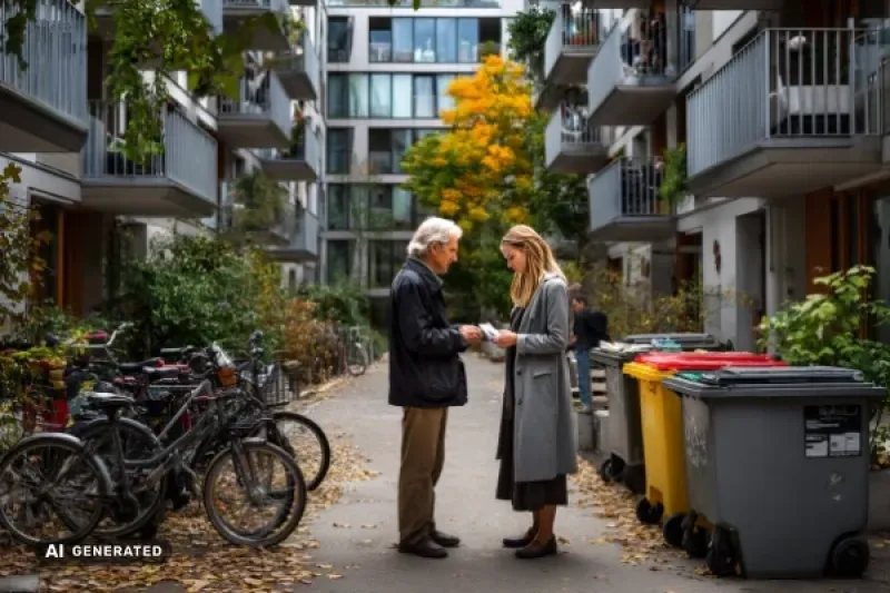 Eine Frau und ein Mann stehen im Innenhof eines Wohngebäudes neben den Mülltonnen und diskutieren