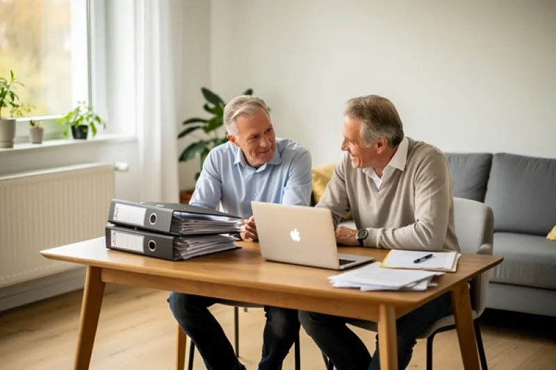 Zwei Männer sitzen mit Unterlagen und Laptop am Wohnzimmertisch