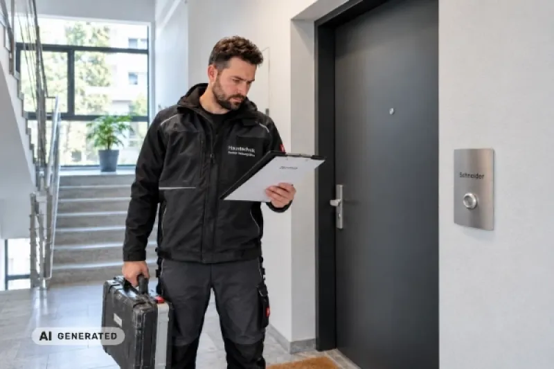 Ein Heizungsmonteur in Arbeitskleidung steht mit Werkzeugkoffer vor einer geschlossenen Wohnungstür.