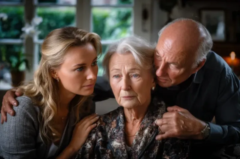 ältere Dame im Kreis ihrer Familie