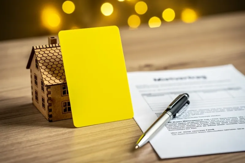 Symbolbild: Gelbe Karte vor einem kleinen Modellhaus, daneben ein Mietvertrag