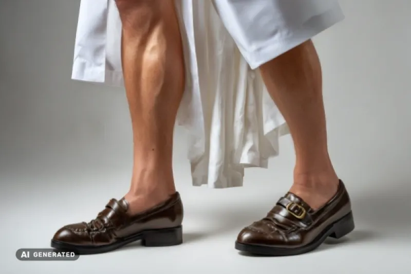 Symbolbild: Männerwaden in Schuhen mit Bademantel