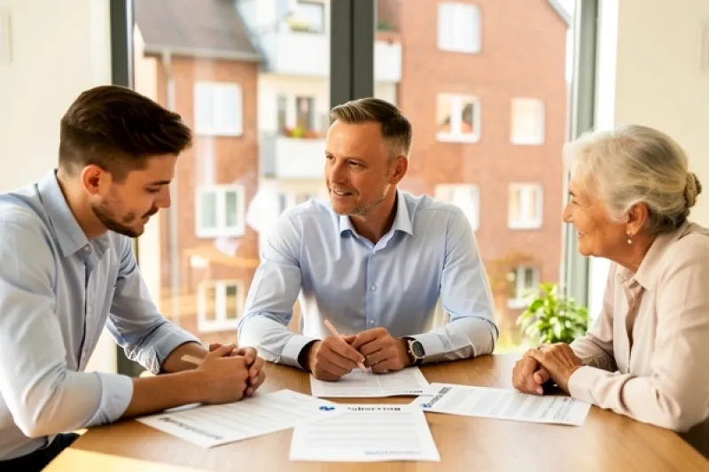 Makler sitzt mit Käufer und Verkäuferin an einem Tisch