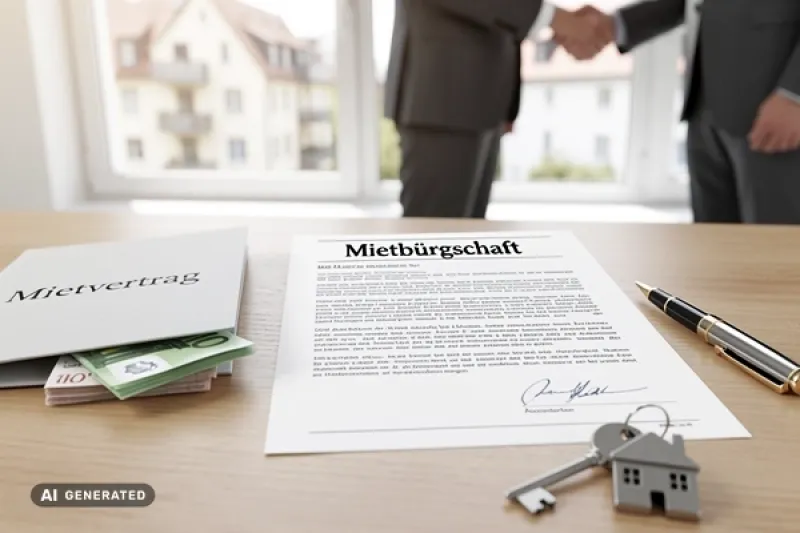 Eine Mietbürgschaft liegt neben einem Mietvertrag und Schlüsseln auf einem Schreibtisch