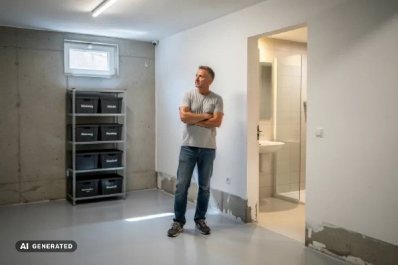 Junger Mann steht im Keller vor einer Toilettenanlage