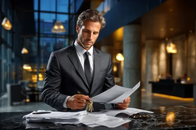 Geschäftsmann hält Unterlagen in der Hand und vor ihm steht ein Granittisch mit weiteren Unterlagen in einer modernen Wohnanlage