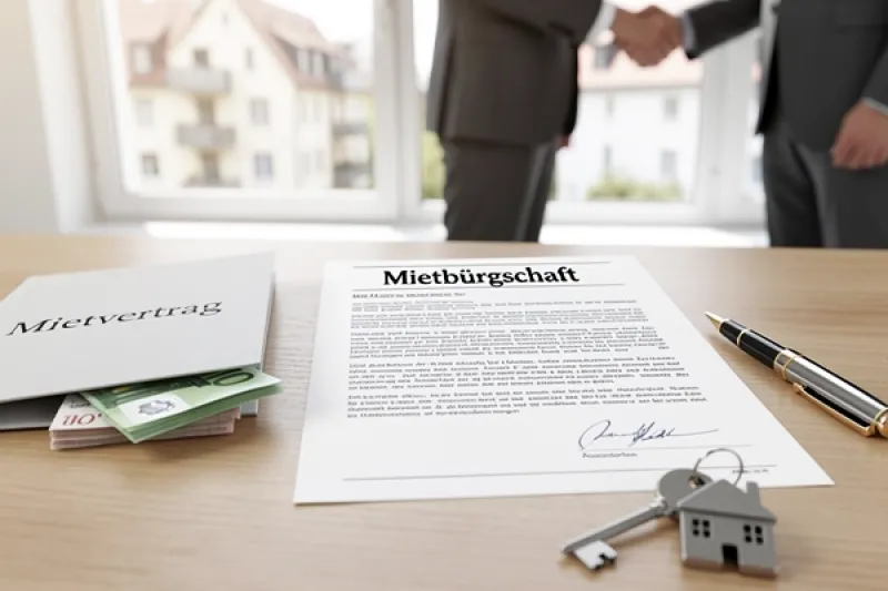 Eine Mietbürgschaft liegt neben einem Mietvertrag und Schlüsseln auf einem Schreibtisch