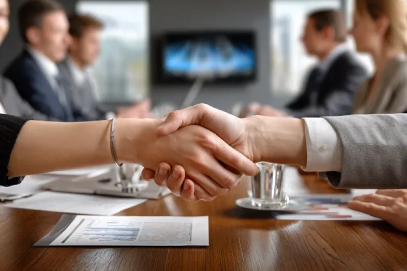 Zwei Personen geben sich die Hände, im Hintergrund sitzen weitere Menschen an einem Tisch.