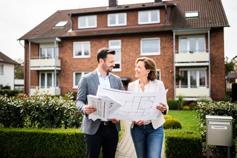 Ein Architekt steht mit seiner Auftraggeberin vor einem Mehrfamilienhaus mit Bauplänen in der Hand