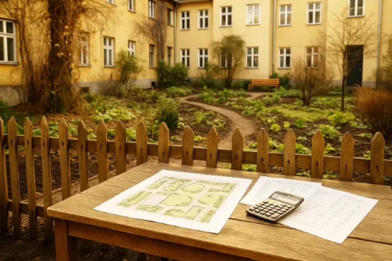 Blick auf einen Innenhof einer Wohnanlage, in dem sowohl alte als auch neue Pflanzen zu sehen sind. Im Vordergrund steht ein Holzzaun (Staketenzaun). Auf einem Tisch liegen Baupläne, ein Taschenrechner und mehrere Dokumente mit Kostenaufstellungen.