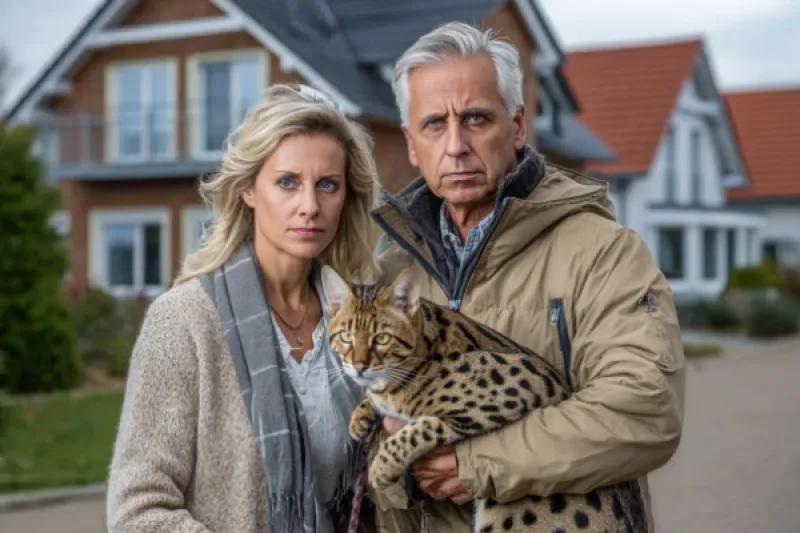 Ehepaar in einem Wohngebiet, Mann hat eine exotische Katze auf dem Arm