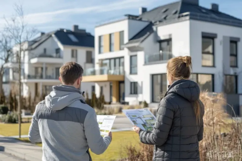Ein Mann und eine Frau halten Baupläne in der Hand. Im Hintergrund zwei Mehrfamilienhäuser.