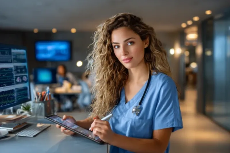 Krankenschwester dokumentiert in einem Krankenhaus Ihre Leitungen auf einem Computer-Pad