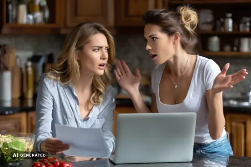 Zwei junge Frauen am Küchentisch diskutieren vor einem Laptop