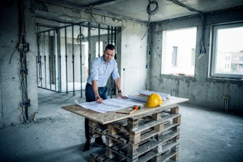 Mann steht mit Bauplänen in einem Rohbau