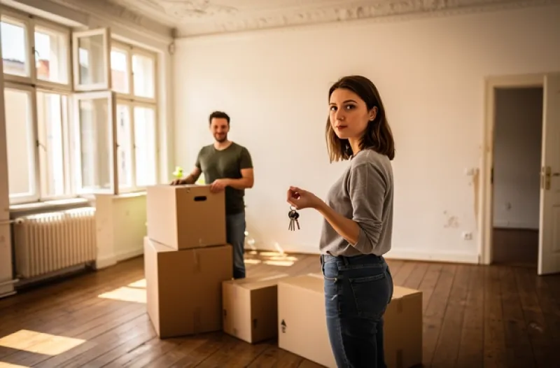 Junge Frau hält einen Schlüssel in der Hand, im Hintergrund eine leere Wohnung mit Umzugskartons