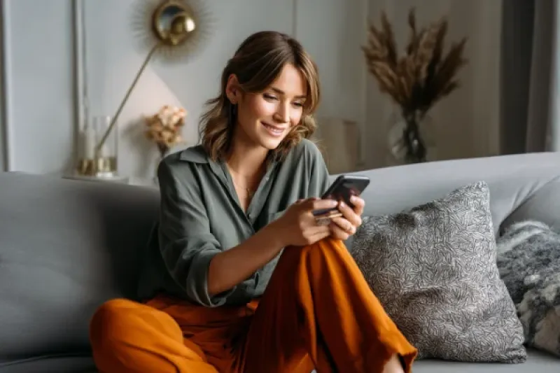 Frau sitzt mit Ihrem Mobilfunkgerät auf dem Sofa