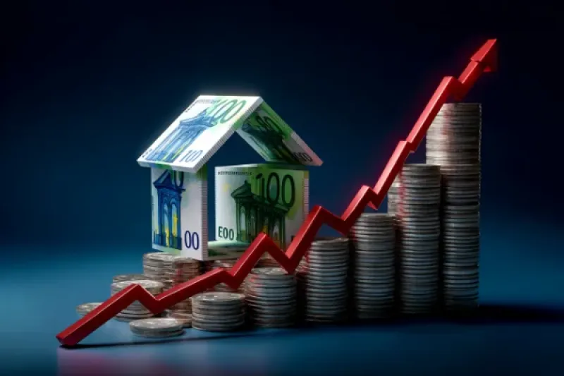 Ein haus aus Geldscheinen mit einem roten Pfeil davor, der sich auf Münzgeld stützt