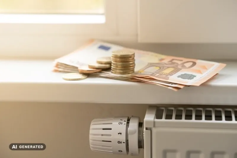 Ein Heizkörper in Nahaufnahme, auf dem Fensterbrett darüber liegen Euro-Banknoten.