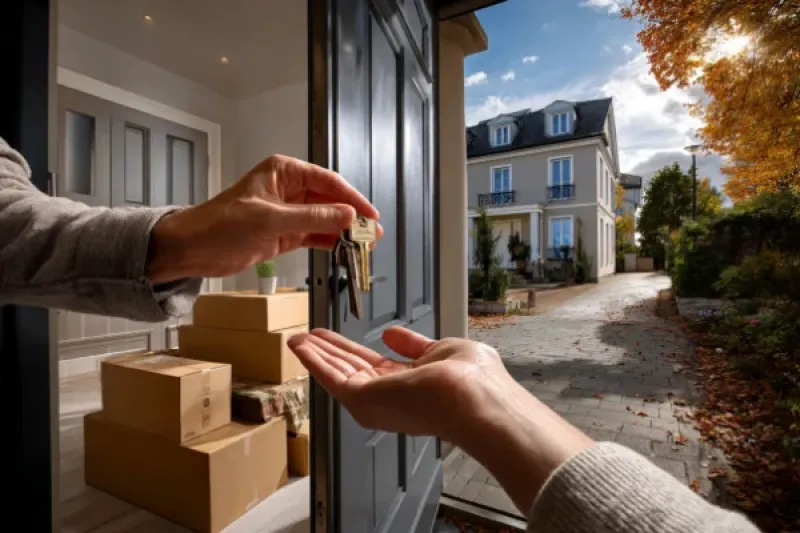 Schlüsselübergabe, im Hintergrund eine Wohnungstür und Umzugskartons