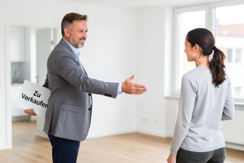 Vermieter zeigt einer Mietinteressentin ein Wohnung, er hält versteckt ein Schild mit der Aufschrift "zu vermieten" in der Hand