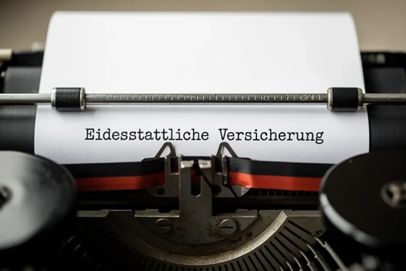 Nahaufnahme einer Schreibmaschine: auf einem Blatt ist die Überschrift "Eidesstattliche Versicherung" zu lesen
