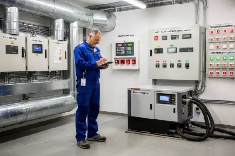 Ein Ingenieur im Blaumann wartet die Haustechnik