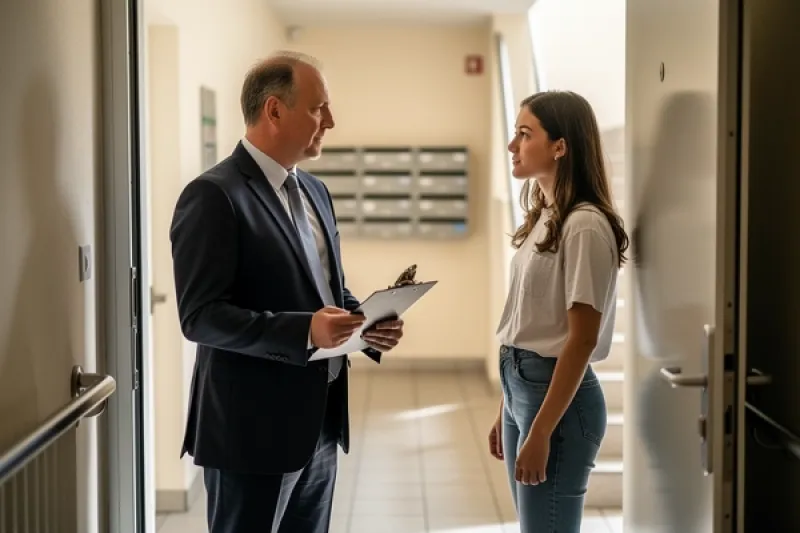 Ein Vermieter steht mit einer jungen Mieterin in einer Wohnungseingangstür